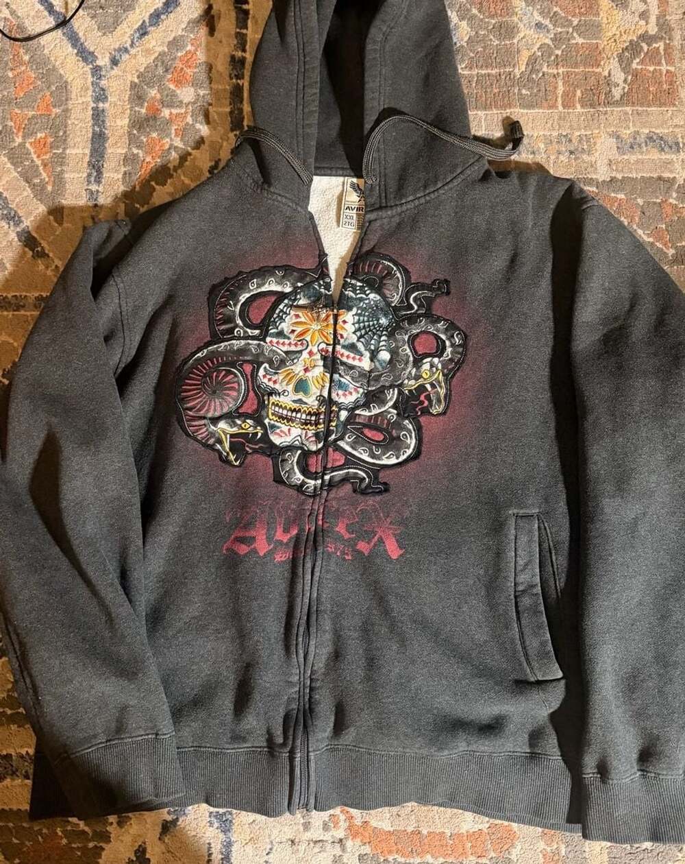 Avirex Zip-Up Hoodie Size XXL Sugar Skull Serpent Snakes Y2K